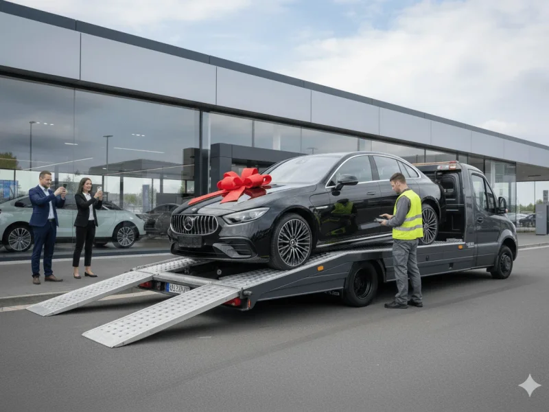 Dealership car delivery with professional transporter