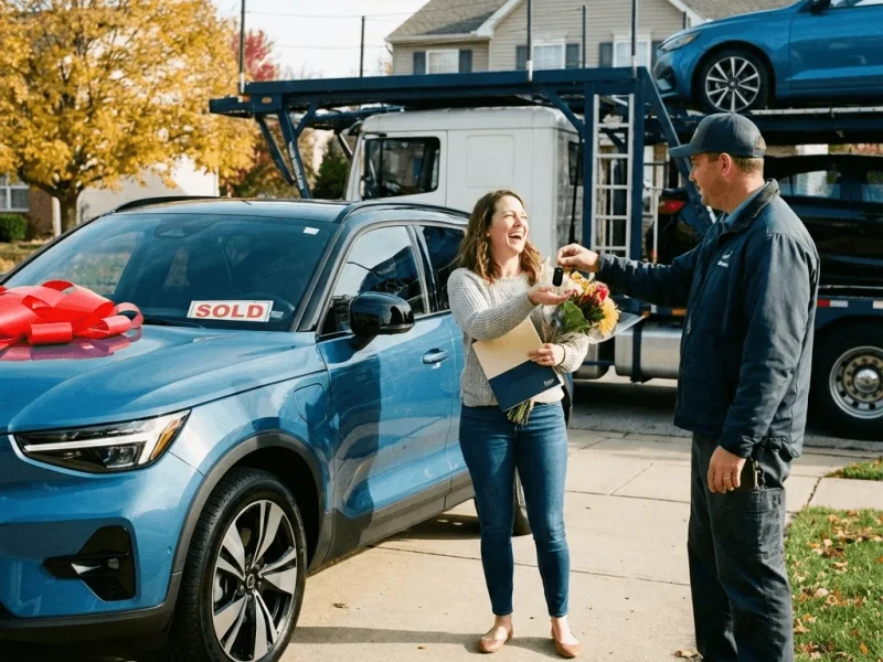 Door to door car transport delivery - happy customer receiving keys