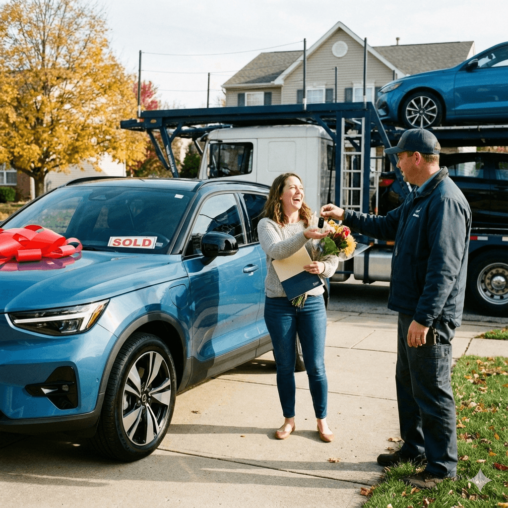 Door to door car transport delivery - happy customer receiving keys