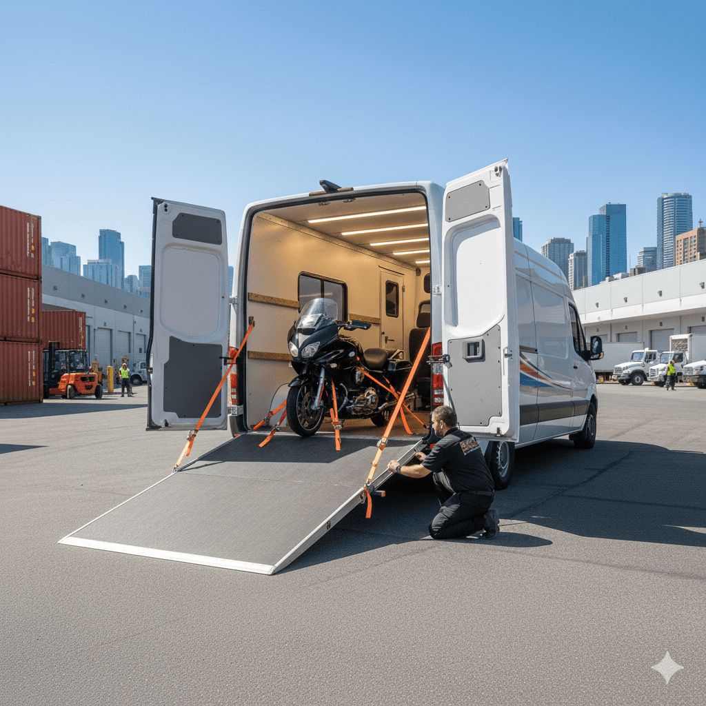 Motorcycle being loaded into enclosed van transport