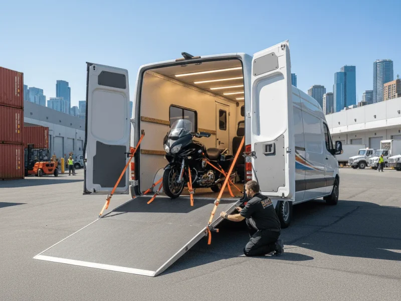 Motorcycle being loaded into enclosed van transport