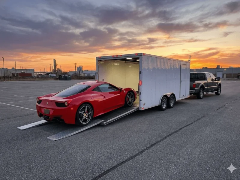 Enclosed car transport with covered trailer protecting luxury vehicle