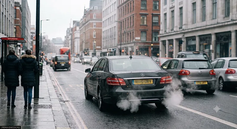 City street with visible car exhaust emissions in traffic, showing the pollution shared transport helps avoid