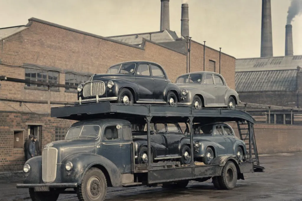 1950s British double-deck car transporter loaded with four post-war saloon cars outside a car factory