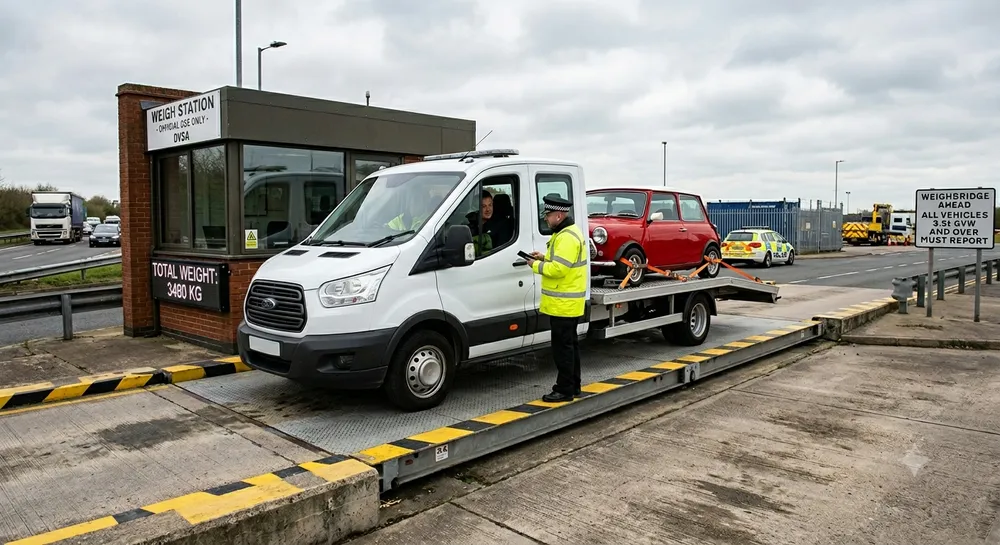 A car transporter van and trailer being checked by a DVSA enforcement officer at a roadside weigh station