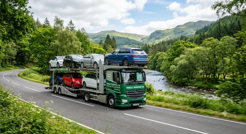 Multi-car transporter lorry carrying six cars through green UK countryside, reducing per-vehicle CO2 emissions
