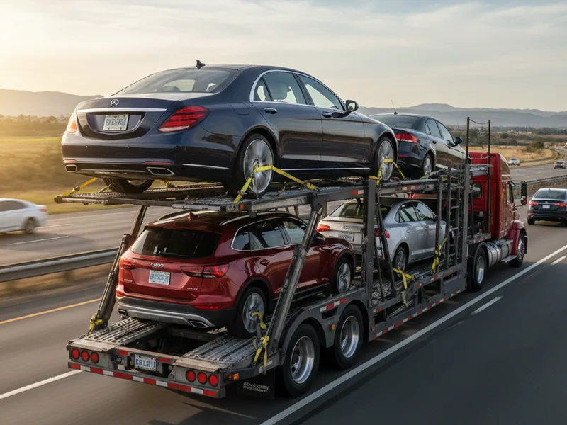 Multi-car HGV carrier lorry transporting multiple vehicles on motorway