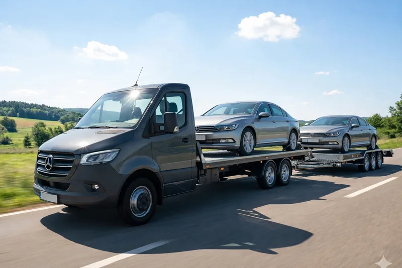 Flatbed transporter carrying two cars for multiple car transport