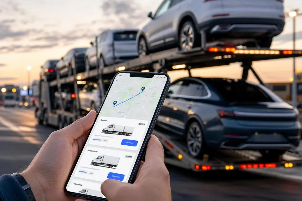 Customer booking vehicle transport on a smartphone marketplace app in 2026 with a modern loaded car transporter behind