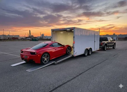 Enclosed specialist transporter with prestige car near Inverness harbour