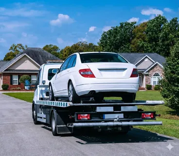Flatbed recovery truck transporting a vehicle from Inverness docks