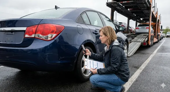 Vehicle condition check by carrier at Inverness port before transport