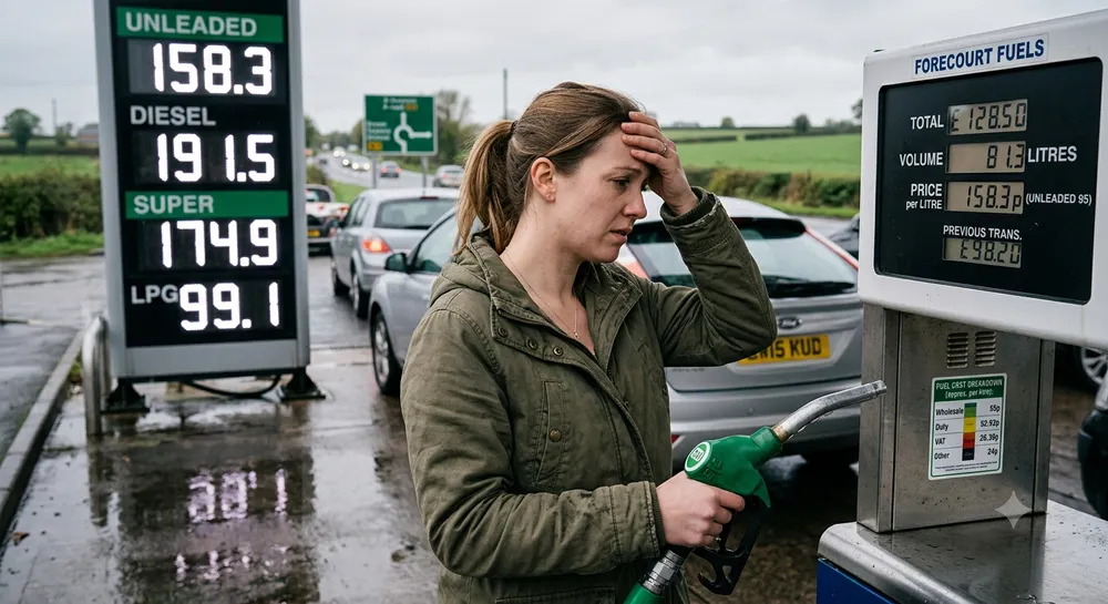 A driver looking at high unleaded and diesel prices displayed on a UK fuel forecourt price board