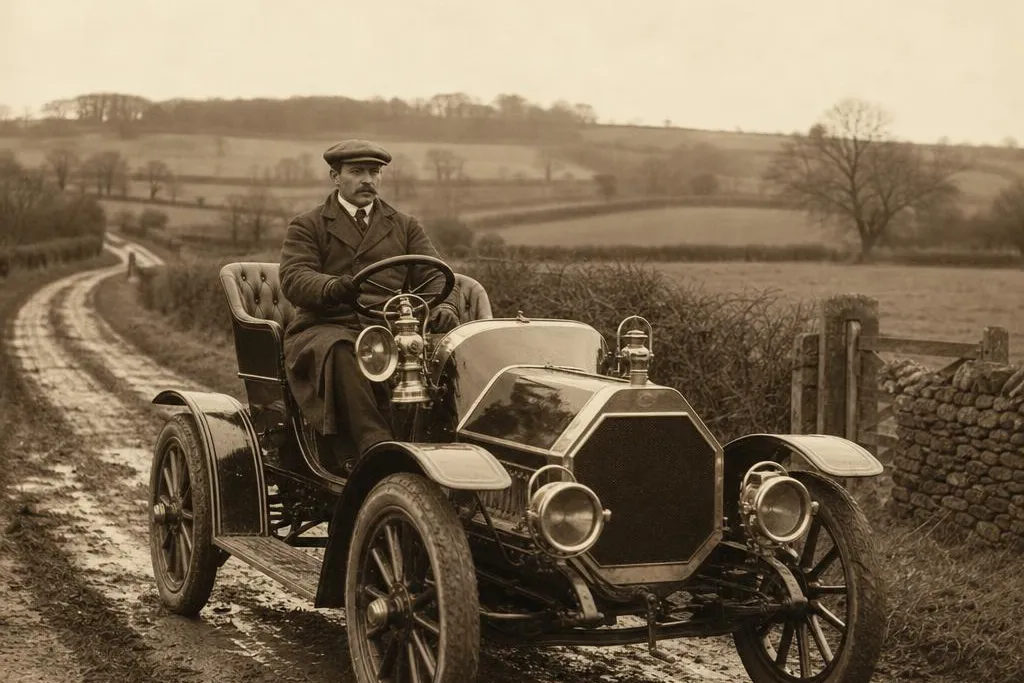 Early 1900s trade plate driver delivering a brass-era British motorcar along a muddy countryside road