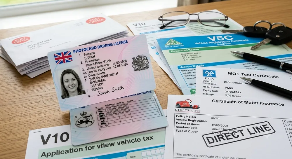 UK driving licence, V5C logbook, MOT certificate and motor insurance documents laid out on a table
