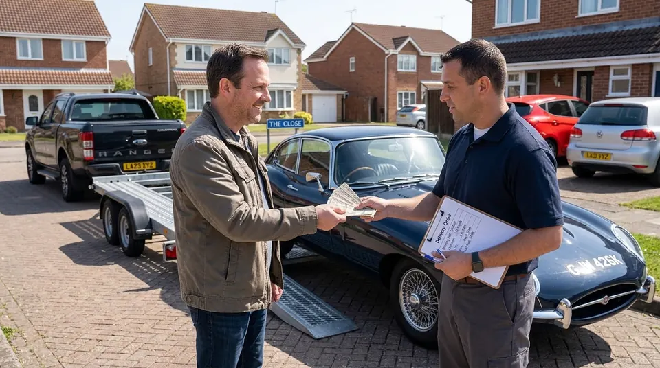 Illustrative car collection scene showing a cash payment beside a classic car and trailer