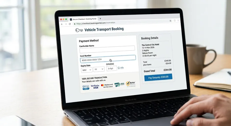 Illustrative online booking payment screen on a laptop