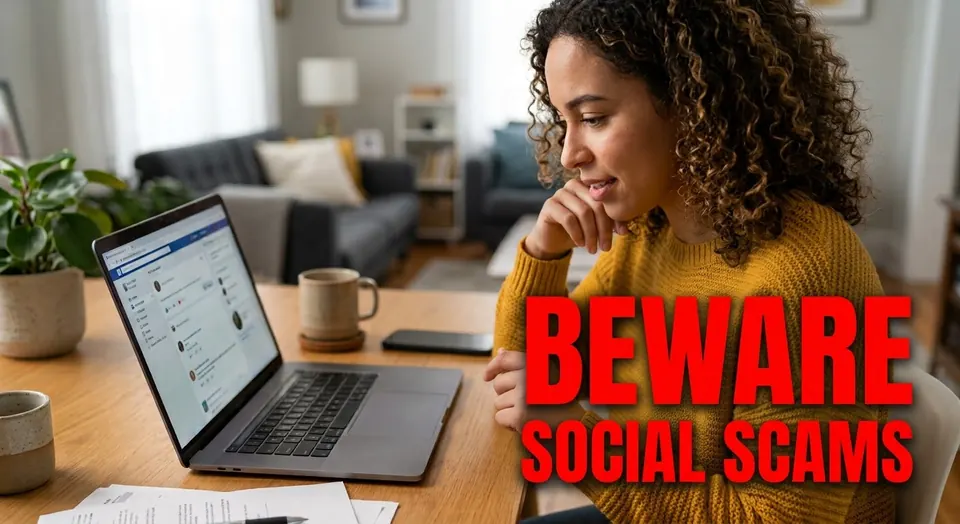 Illustration warning about social-media scams when arranging car transport online