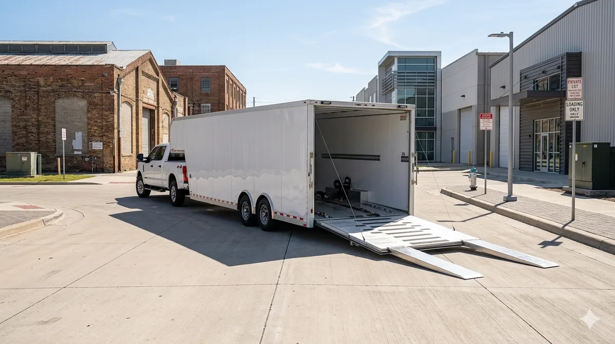 Enclosed car transport trailer with ramp down ready for loading a vehicle, providing full protection during transit