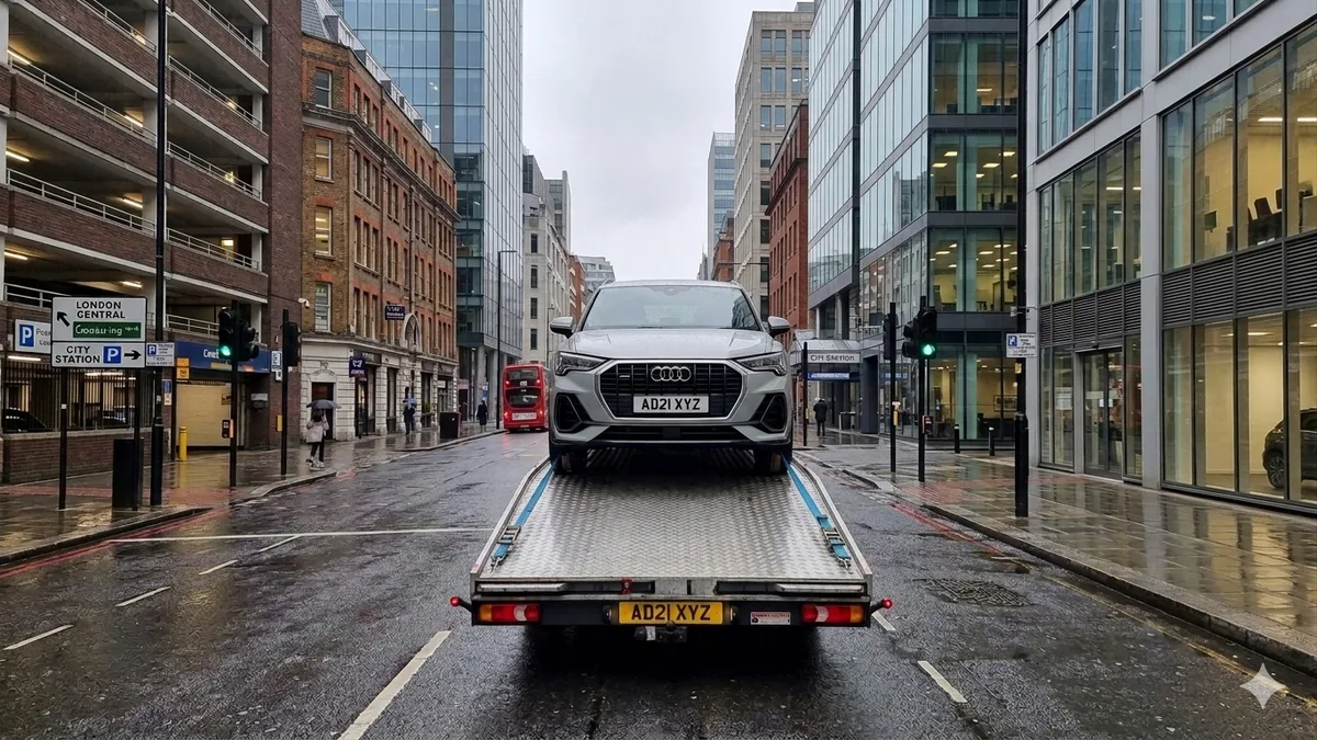 Open car transport - Audi Q3 loaded on a flatbed transporter in a London city street, ready for vehicle delivery